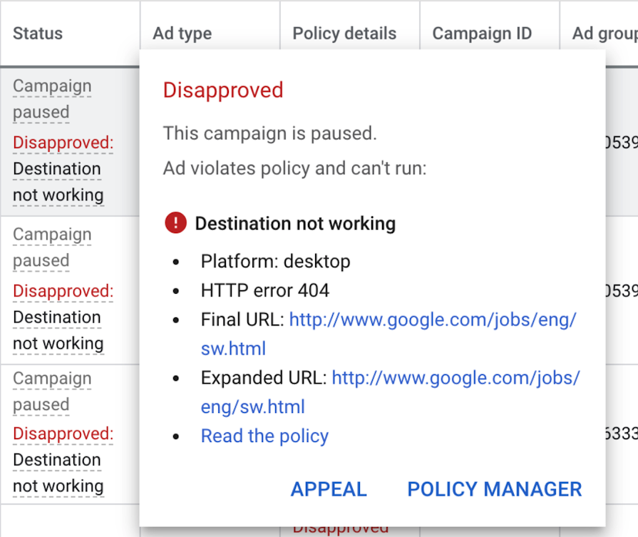 3. Destination not working google ads