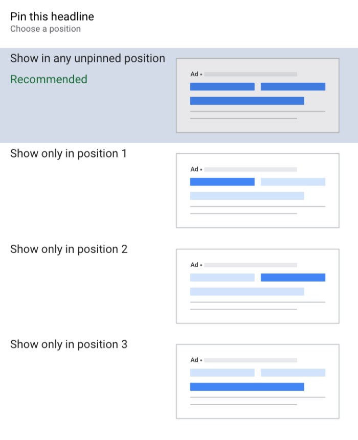 pin headlines and descriptions in RSAs