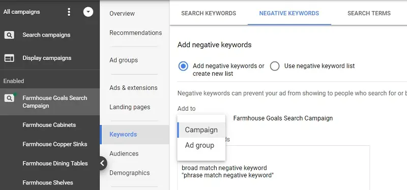 Add a negative keyword to your Google Ads account
