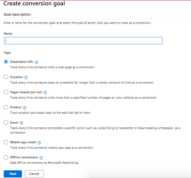 Enter a name for the conversion Microsoft Ads conversion tracking