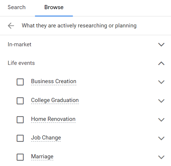 Life-events Targeting YouTube Ads targeting options
