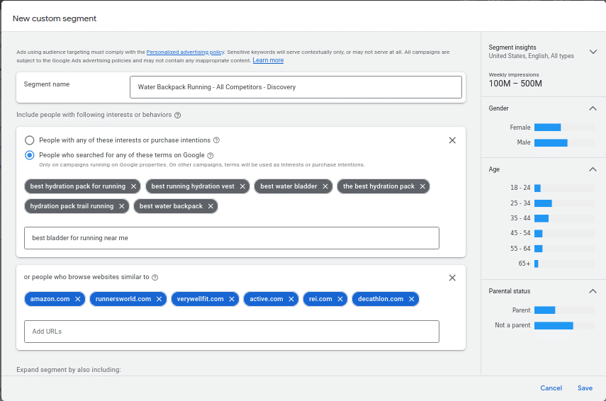 Customs segments google ads audience targeting