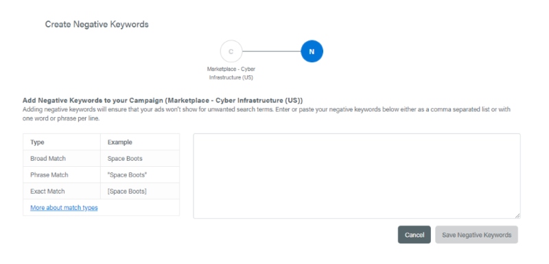 How to add Negative keywords match type 2