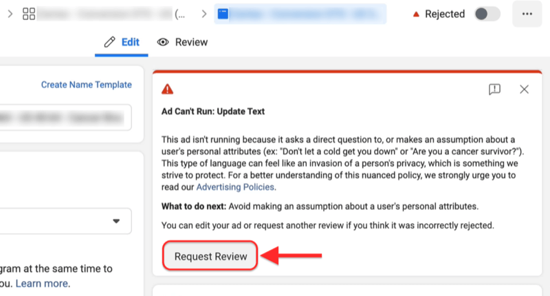 Request Facebook to review your ad