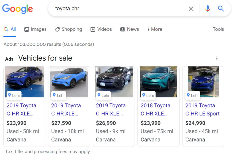 Google Vehicle Ads examples