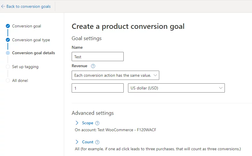 input your conversion goal details