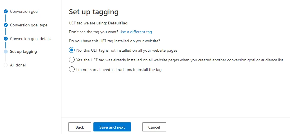 specify whether you've installed UET tags