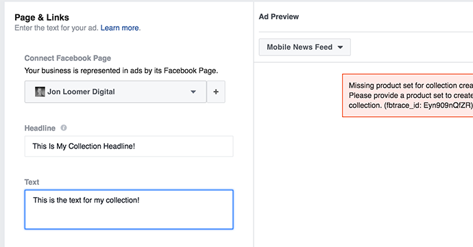Select your Facebook page and add text