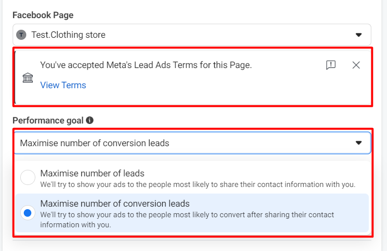 Choose Facebook Lead Ads Performance goal