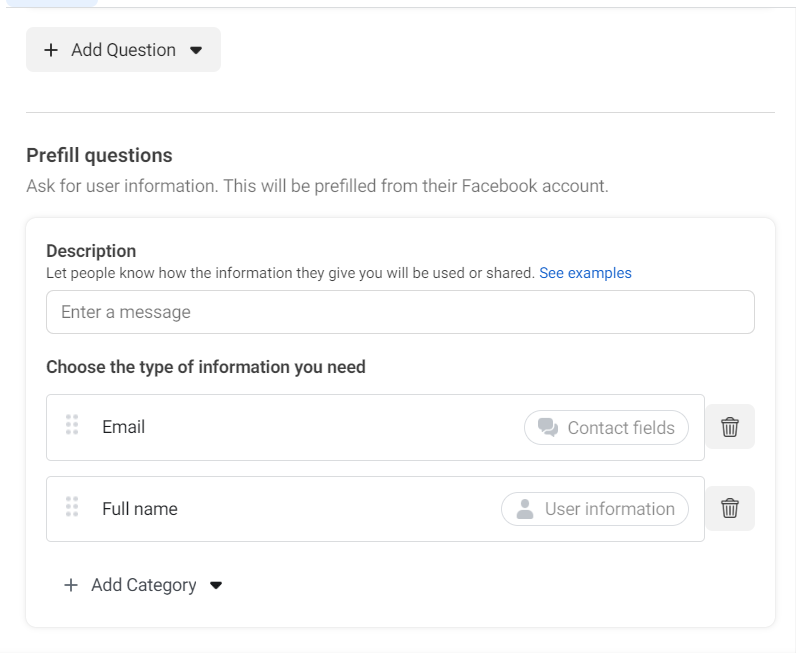 create Facebook Lead Ads - Prefill Questions