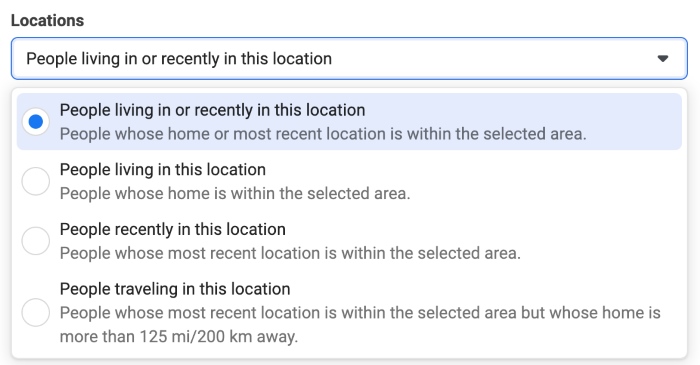 Facebook ad location targeting options