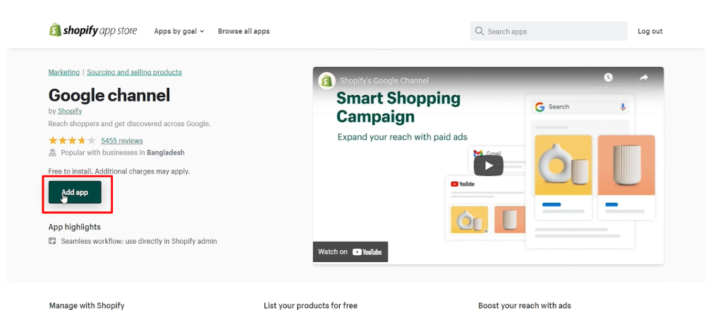 install the Google Channel app on your Shopify