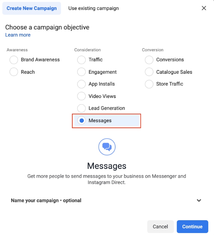 Choose Messages objective for Messenger ads