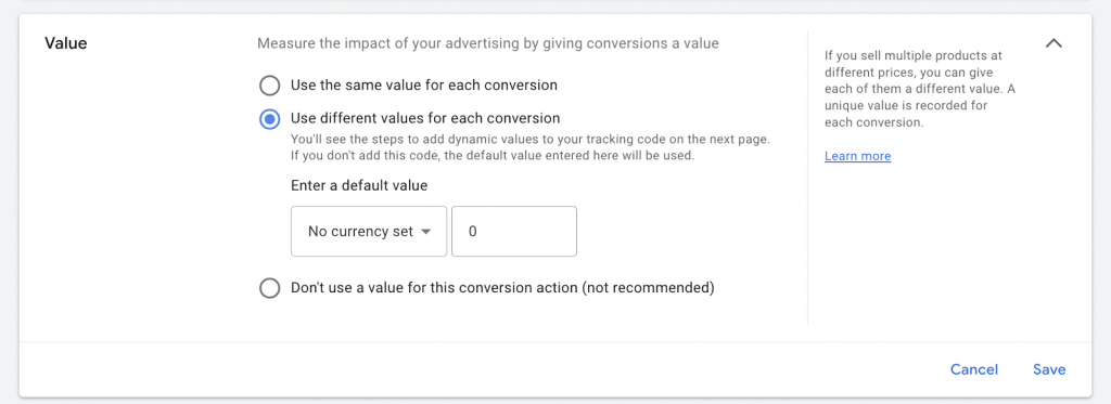 Set up a value for your conversions