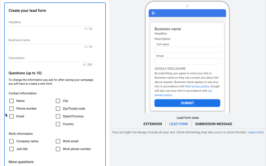 Google ads lead form extension