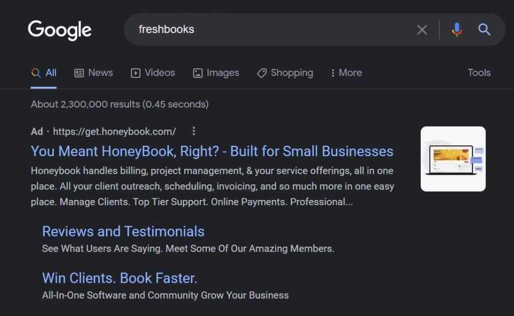 Google ad example_HoneyBooks