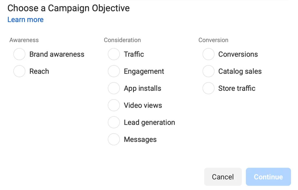 Facebook Instant Experiences objectives