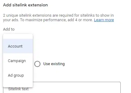 Choose the sitelink extension level