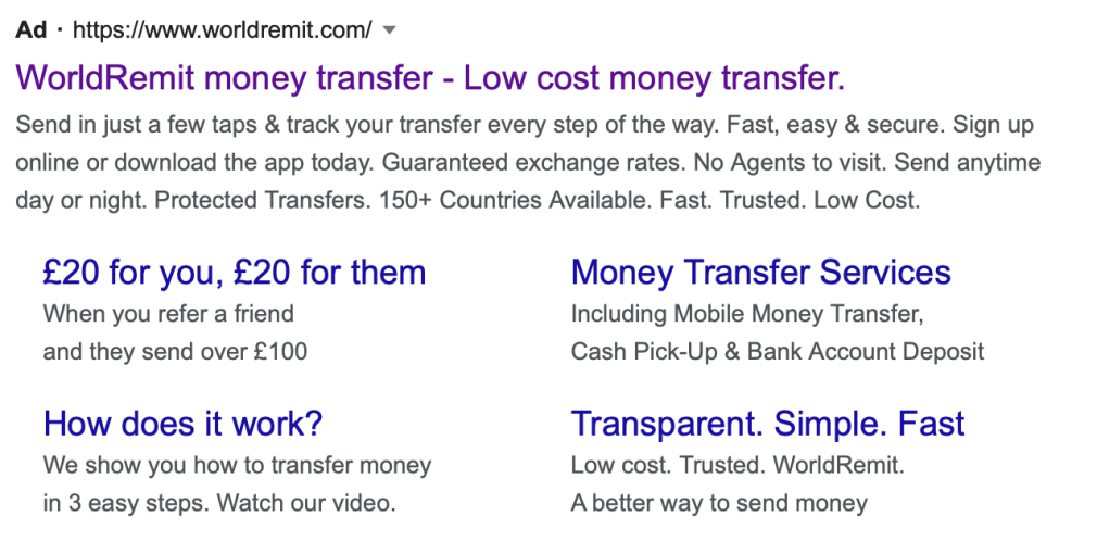 Google ads sitelink example_WorldRemit