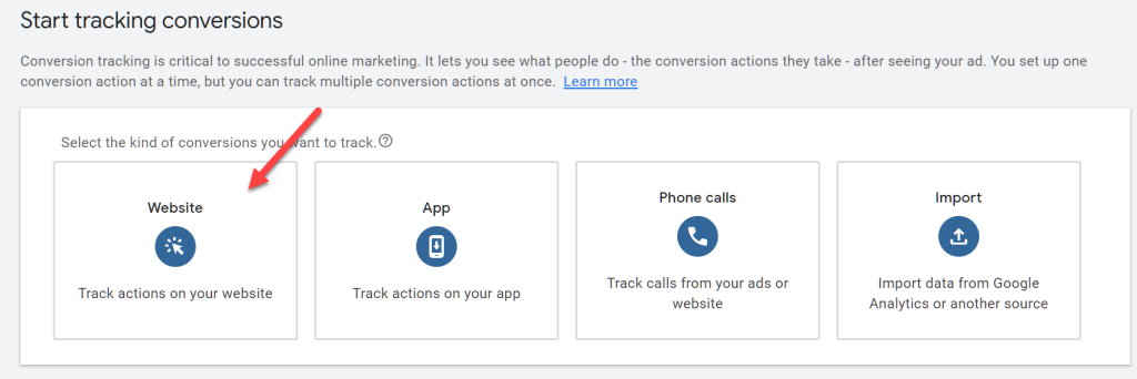 opt for the 'Website' choice google ads conversion tracking to shopify