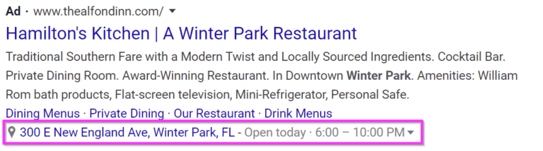 Use location extensions for Google restaurant ads