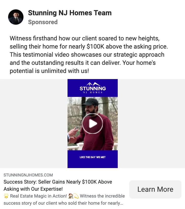 Real estate Facebook ads examples_Stunning NJ Homes Team