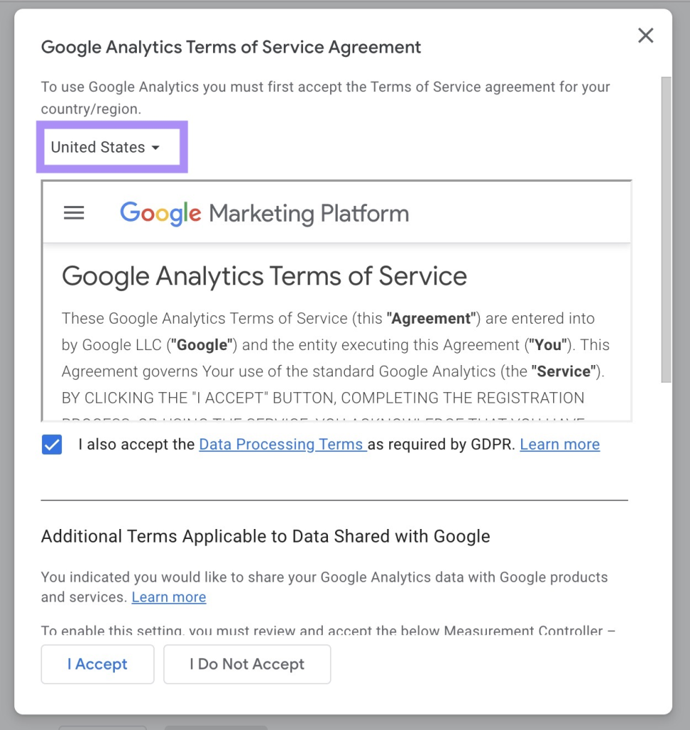 The Google Analytics terms of service agreement will appear on the screen