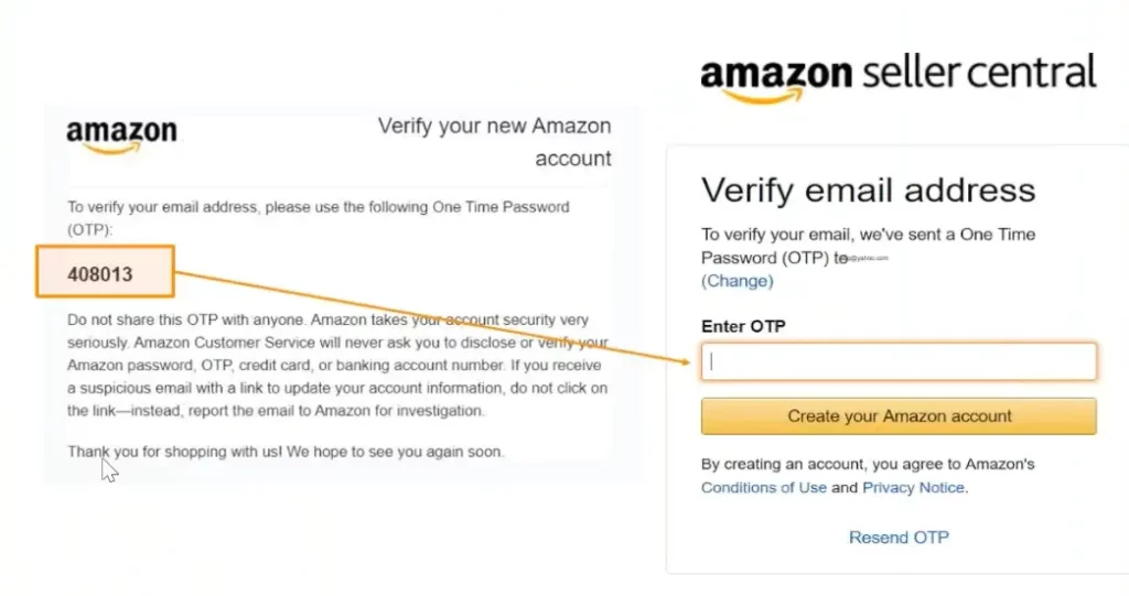 Kiểm tra email để lấy mã OTP xác thực đăng ký tài khoản Amazon