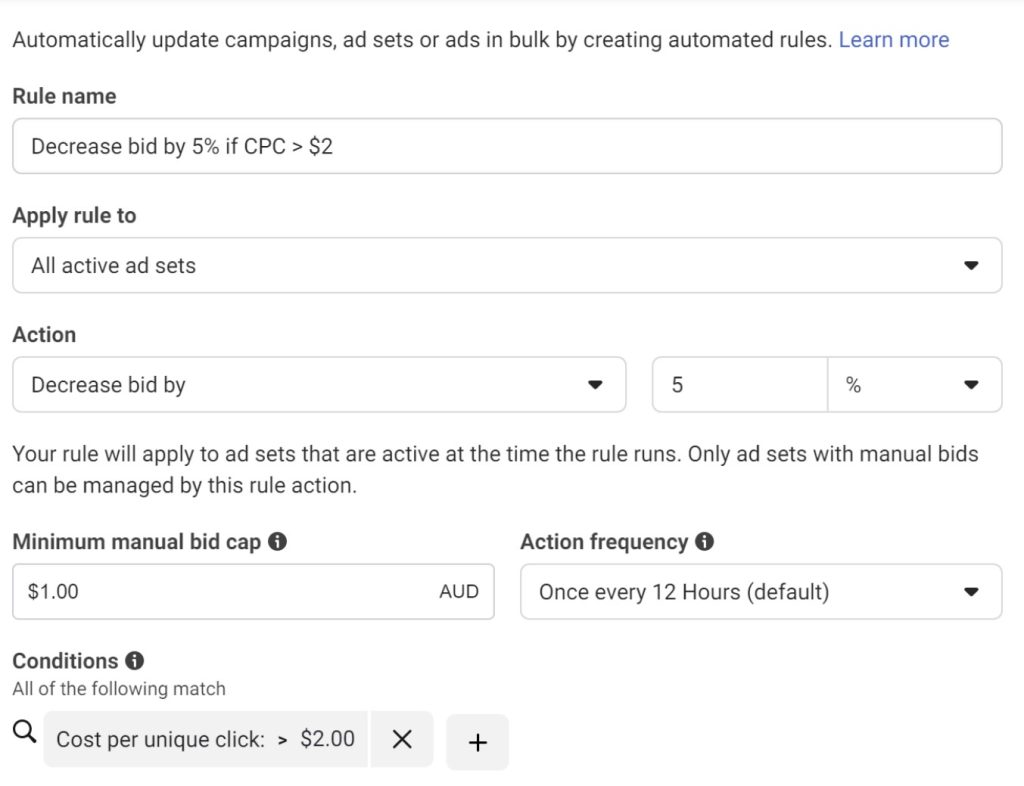 bid facebook automated rules example