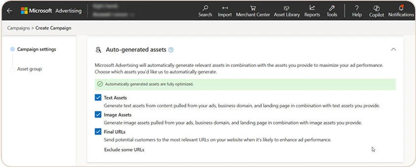 campaign-level auto-generated asset settings interface