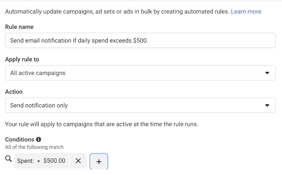 notification facebook automated rules example