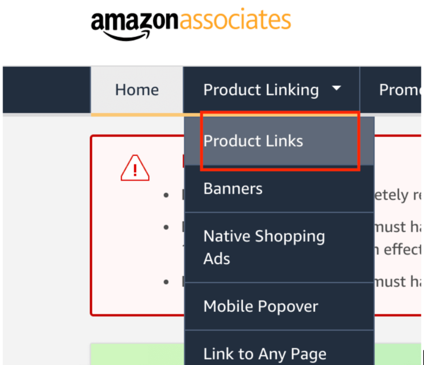 Để bắt đầu tạo link Amazon Affiliate, chọn Product Links ở mục Product Linking