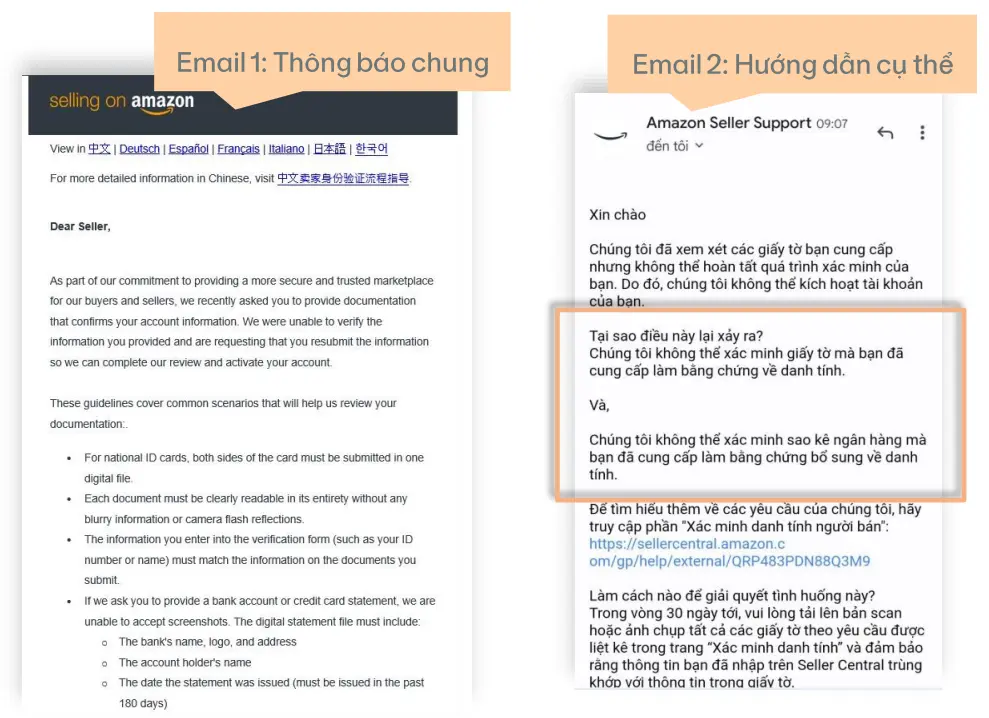 Email thông báo chung và email hướng dẫn cụ thể về bổ sung thông tin