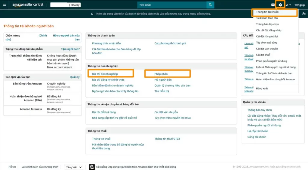 Kiểm tra thông tin trên tài khoản Seller Central