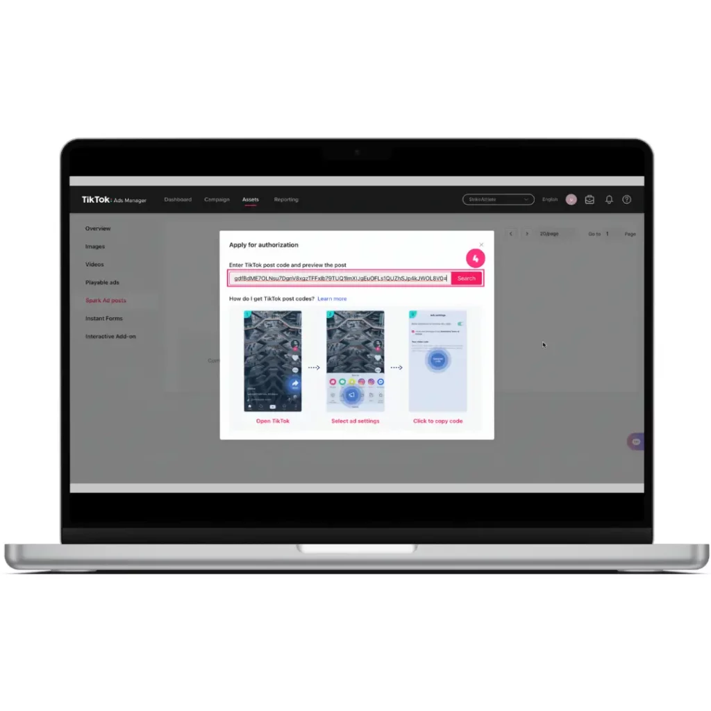 Step 4: Input the Authorized Video Code into TikTok Ads Manager 