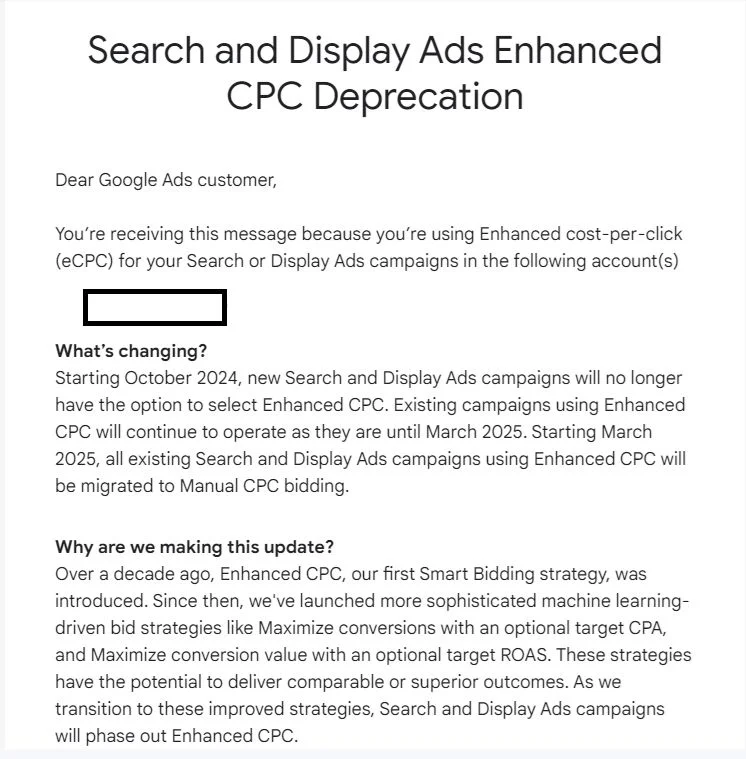 Email from Google Sent to advertisers