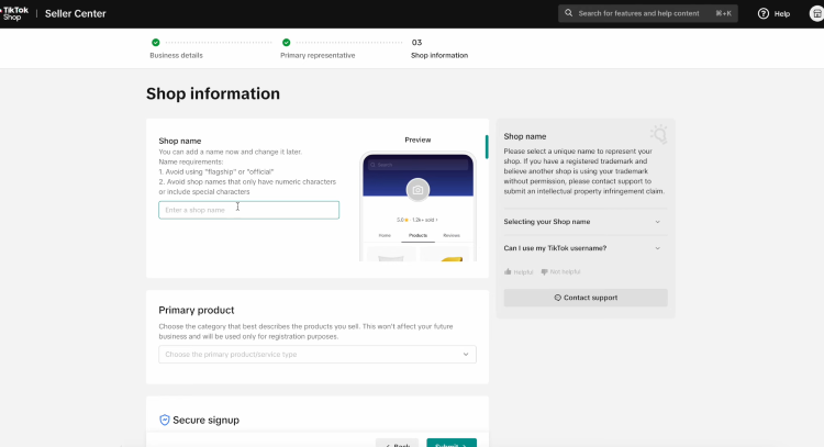 Step 3: Complete Shop Info and Submit Documents