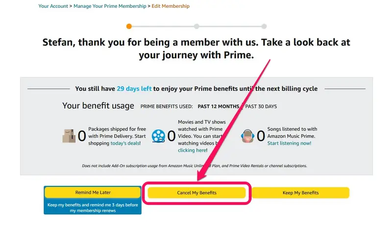 Nhấp vào Cancel My Benefits để tiếp tục