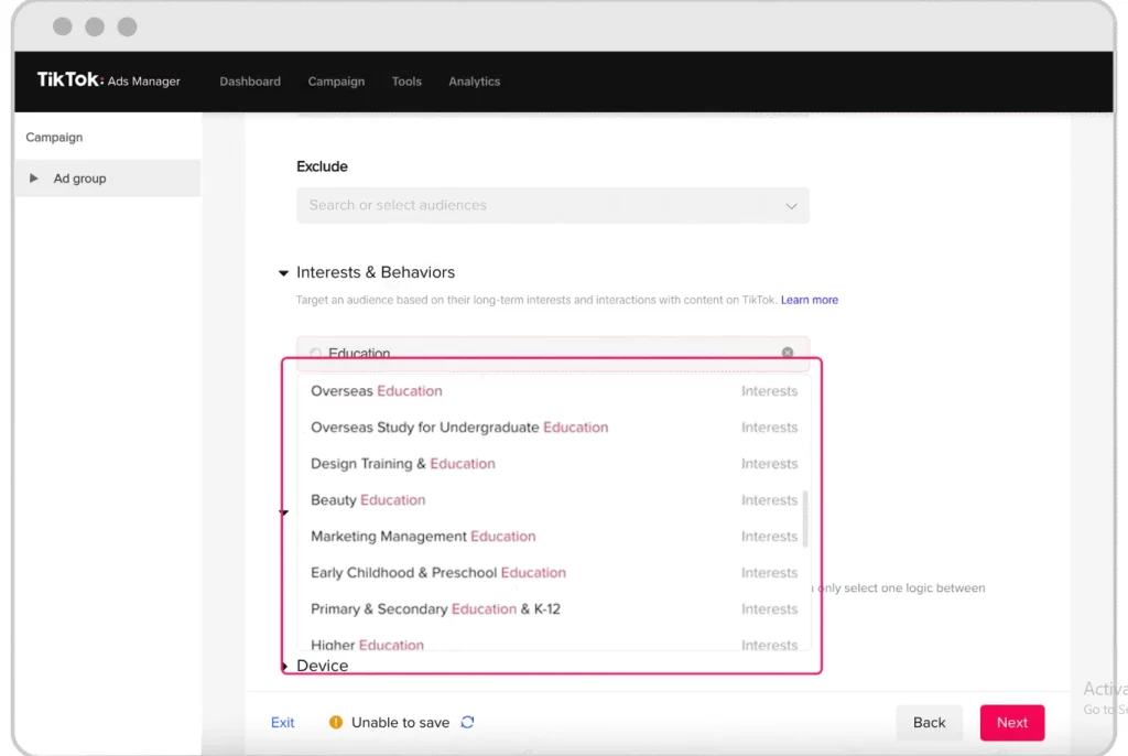 interest targeting list