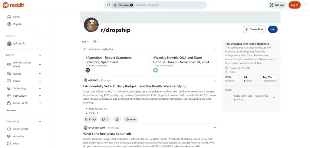 Join Reddit communities like dropshipping