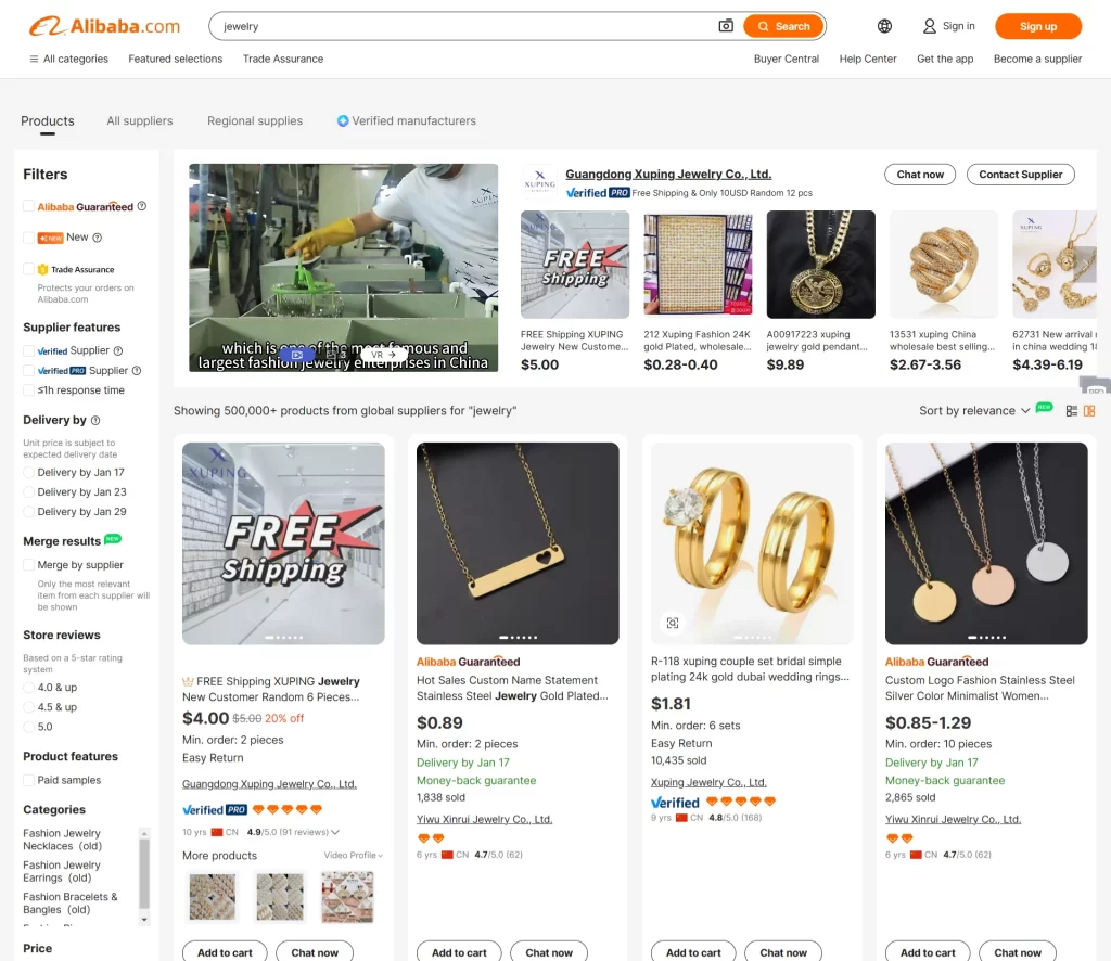 Alibaba is one of the most popular jewelry dropshipping suppliers