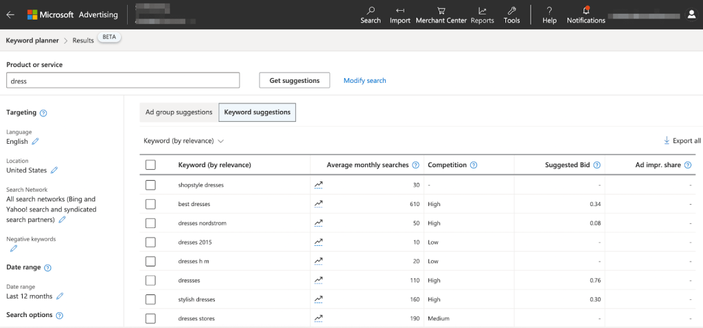 Microsoft Keyword Planner