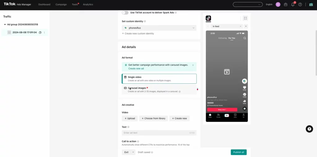 Step 3: Select the In-Feed format in Ad Details