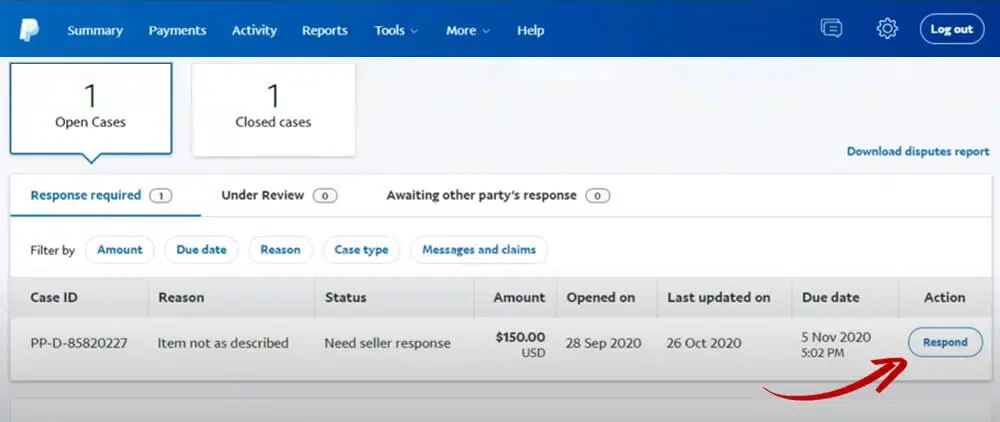 Under the “Action” tab, click “Respond” next to the case