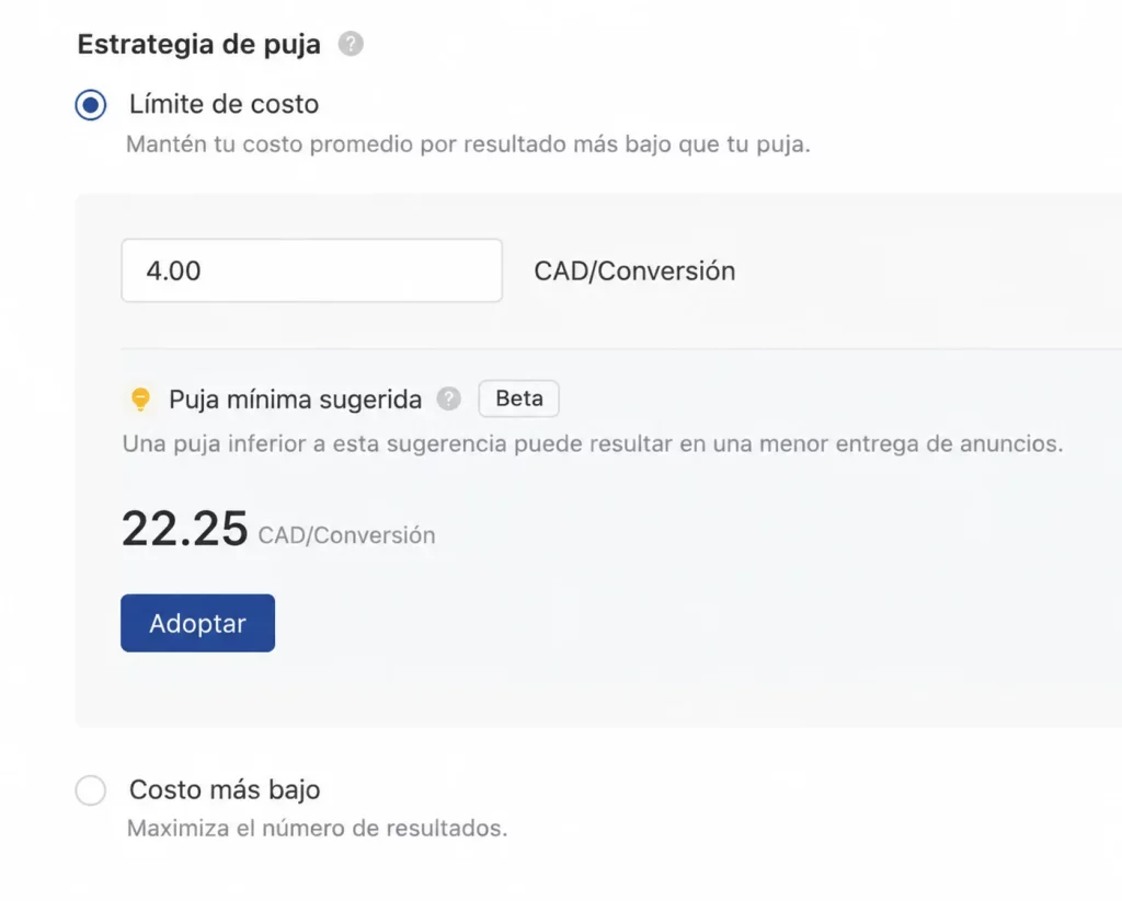 La estrategia de puja limita la entrega de anuncios